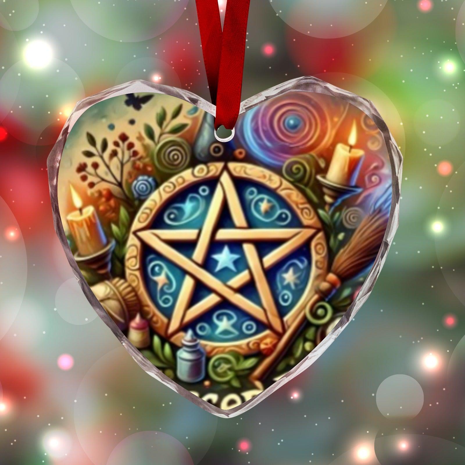 Witchcraft Pentacle Wicca Christmas Heart-Shaped Crystal Glass Ornament-MoonChildWorld