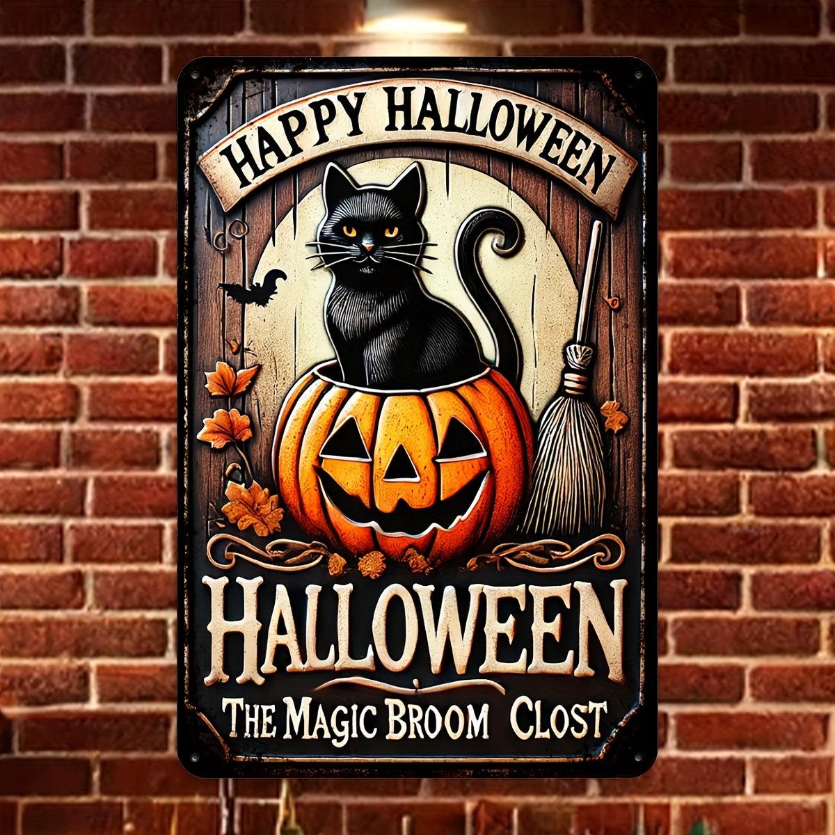 Pumpkin & Black Cat Wall Sign Halloween Welcome Sign-MoonChildWorld