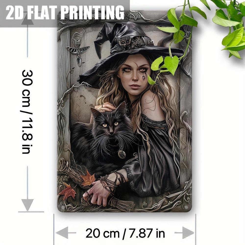 Witch & Black Cat Metal Sign Perfect for Halloween Decor-MoonChildWorld