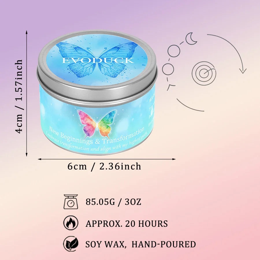 New Beginnings candle specifications: size, weight, burn time, and soy wax material