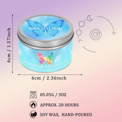 New Beginnings candle specifications: size, weight, burn time, and soy wax material