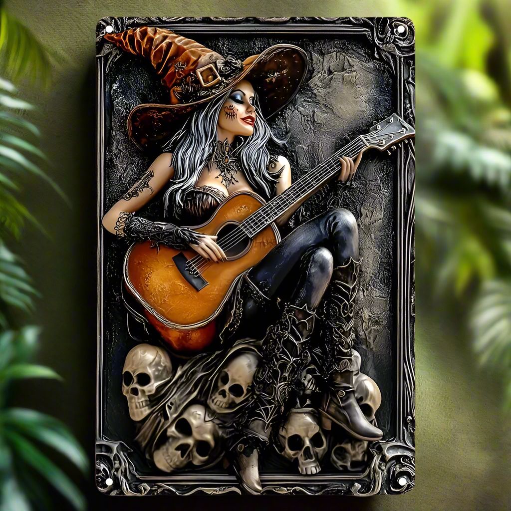 Witch Playing Guitar Halloween Metal Sign Skull Gothic Wall Decor-MoonChildWorld