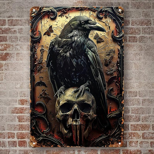 Raven on Skull Wall Art Gothic Crow Metal Sign