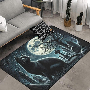 Moonlit Black Cat Witchy Area Rug Gothic Carpet for Halloween-MoonChildWorld