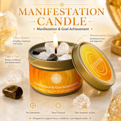 Manifestation candle labeled with clear quartz, tiger's eye crystals, and manifestation charm