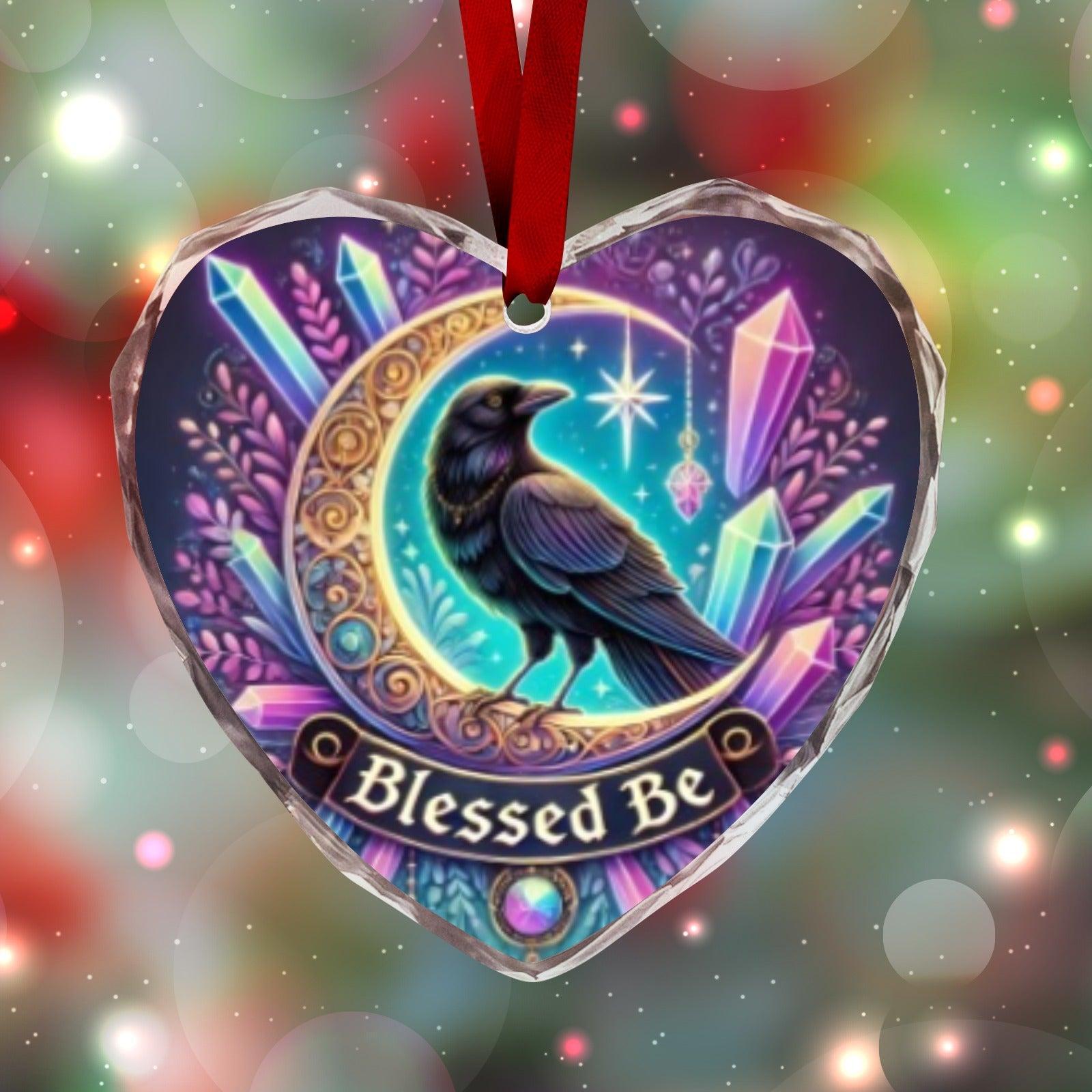 Moon Raven Gothic Crow Witch Christmas Heart-Shaped Crystal Glass Ornament-MoonChildWorld