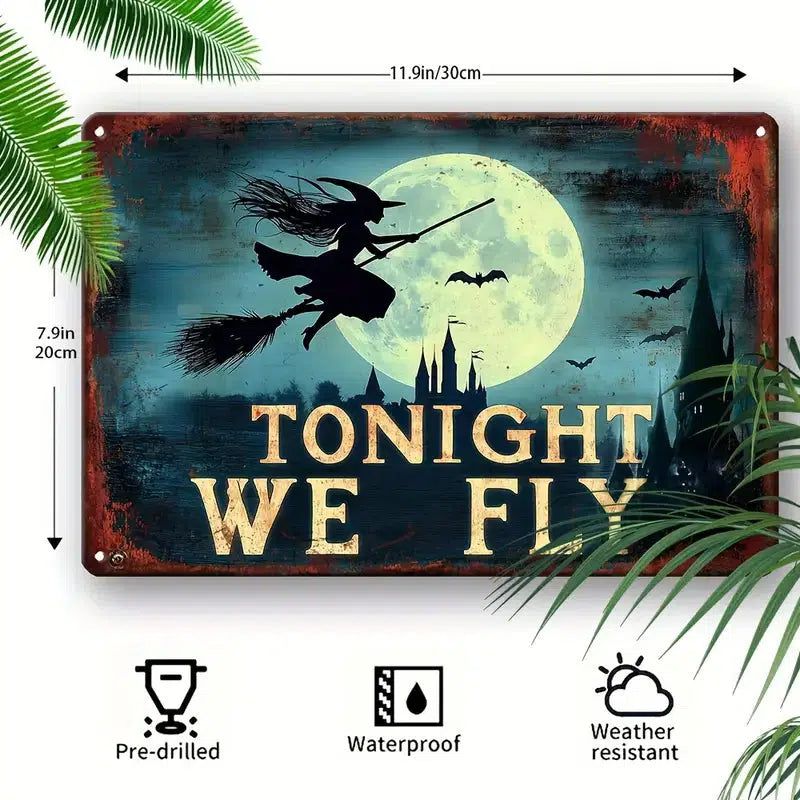 Flying Witch Metal Sign Witchy Wall Decor Gothic Halloween Welcome Sign-MoonChildWorld