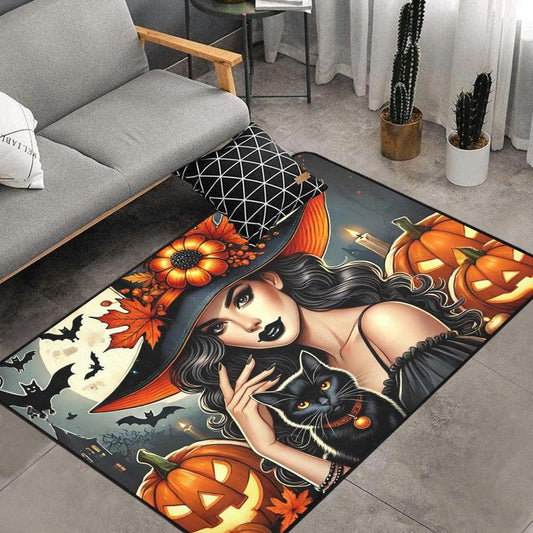 Black Cat and Witch Area Rug Gothic Carpet for Halloween