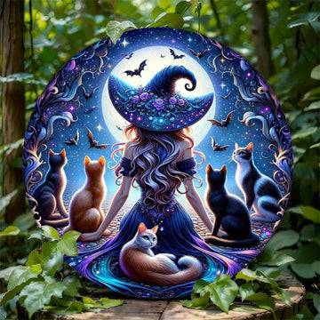 Enchanted Witch & Mysterious Cat Wall Art Witchy Metal Sign for Gothic Christmas Decorations-MoonChildWorld