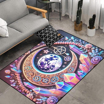 Crystal Moon Wiccan Area Rug Pagan Carpet Witchy Area Rug Home Decor-MoonChildWorld