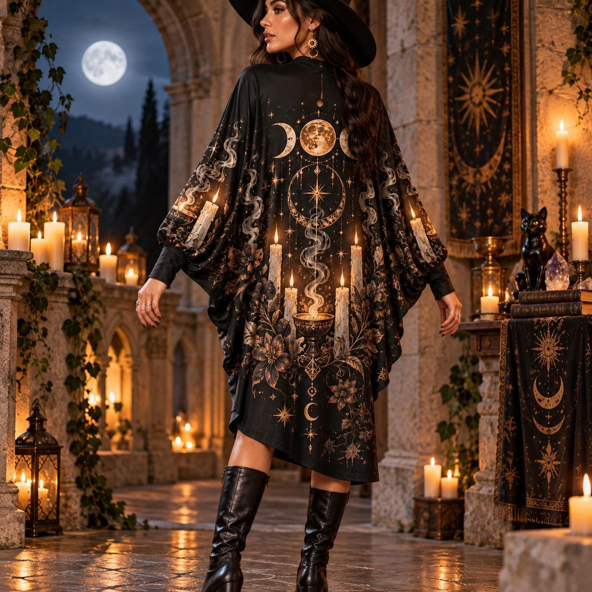 Candle Coven Witchy Batwing Dress – Gothic Triple Moon Midi – worn, back view