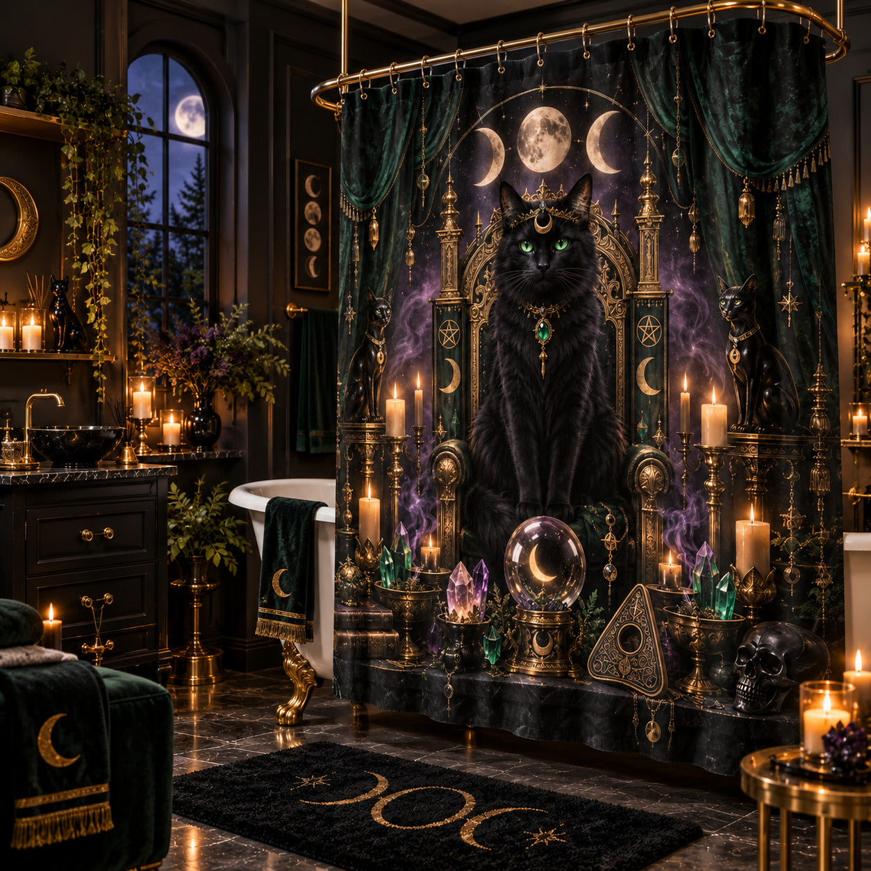 Cat Queen Shower Curtain - Gothic Throne Witchy Moon Decor, styled shot 2