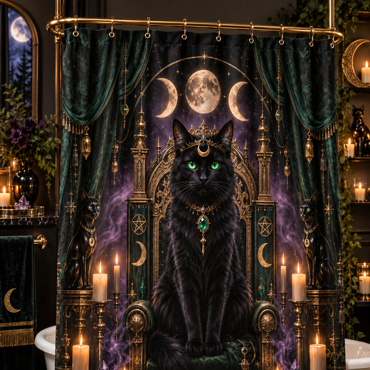 Cat Queen Shower Curtain - Gothic Throne Witchy Moon Decor, styled shot 3