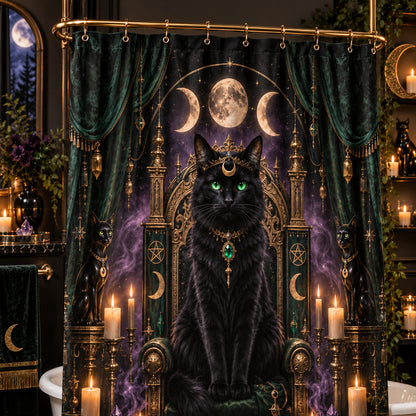 Cat Queen Shower Curtain - Gothic Throne Witchy Moon Decor, styled shot 3