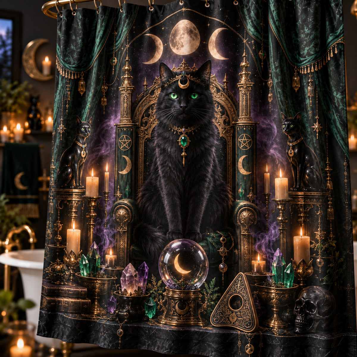 Cat Queen Shower Curtain - Gothic Throne Witchy Moon Decor, styled shot 4