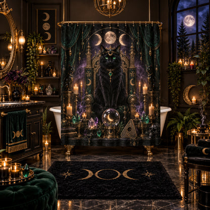 Cat Queen Shower Curtain - Gothic Throne Witchy Moon Decor, styled shot 5