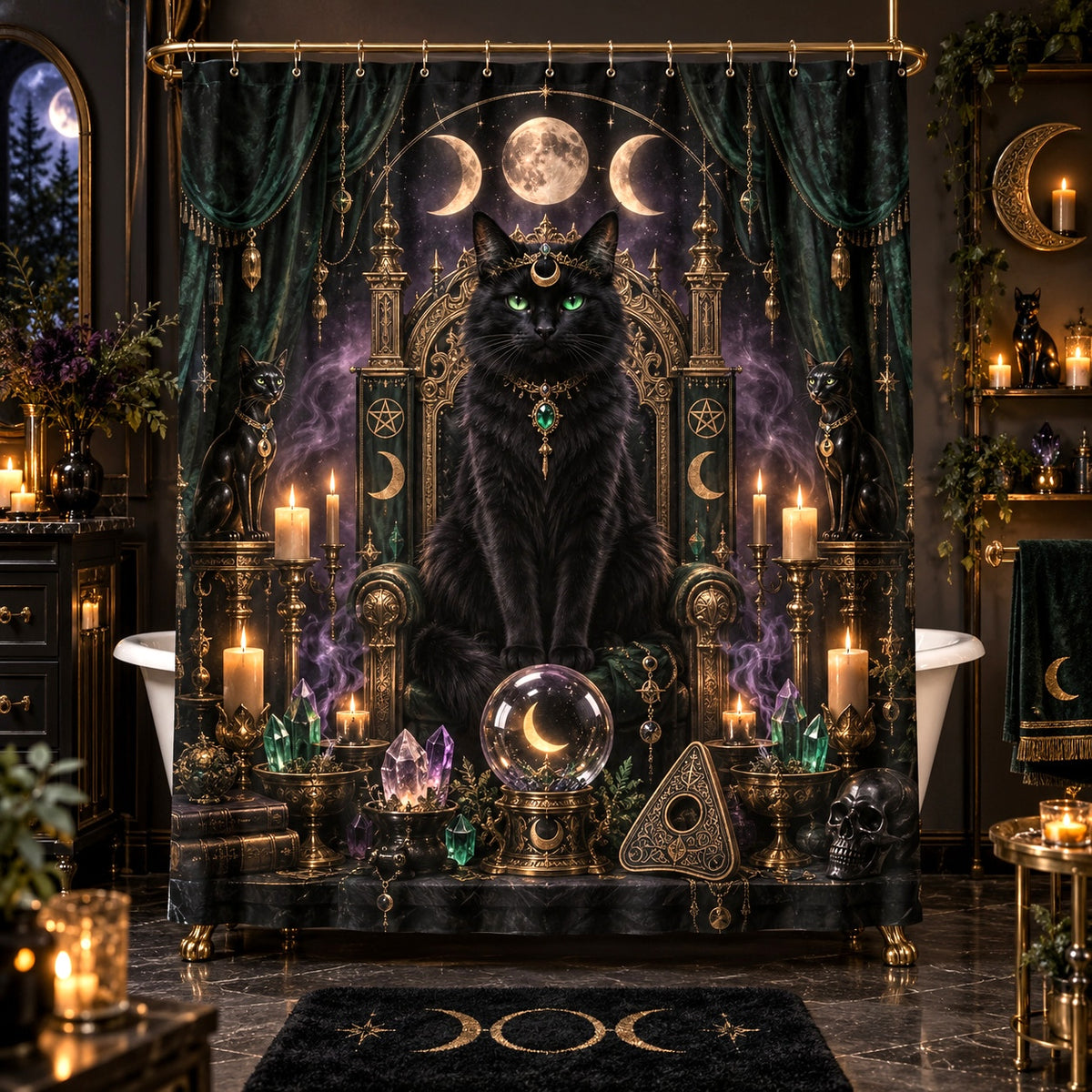 Cat Queen Shower Curtain - Gothic Throne Witchy Moon Decor