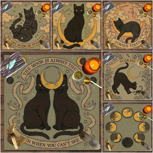 Occult Cat Wicca Altar Cloth Witchy Tarot Tablecloth for Reading Divination Witch Home Decor