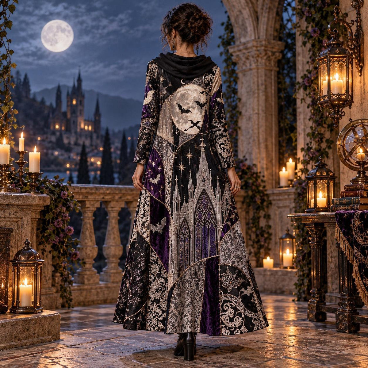 Cathedral Bat Moon Gothic Cowl Neck Dress – Witchy Violet Maxi – worn, back view