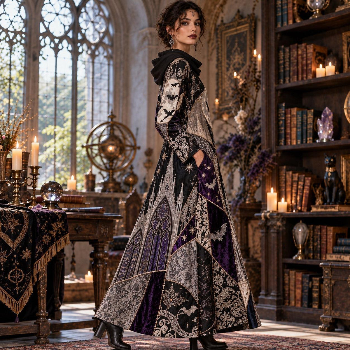 Cathedral Bat Moon Gothic Cowl Neck Dress – Witchy Violet Maxi – worn, three quarter view