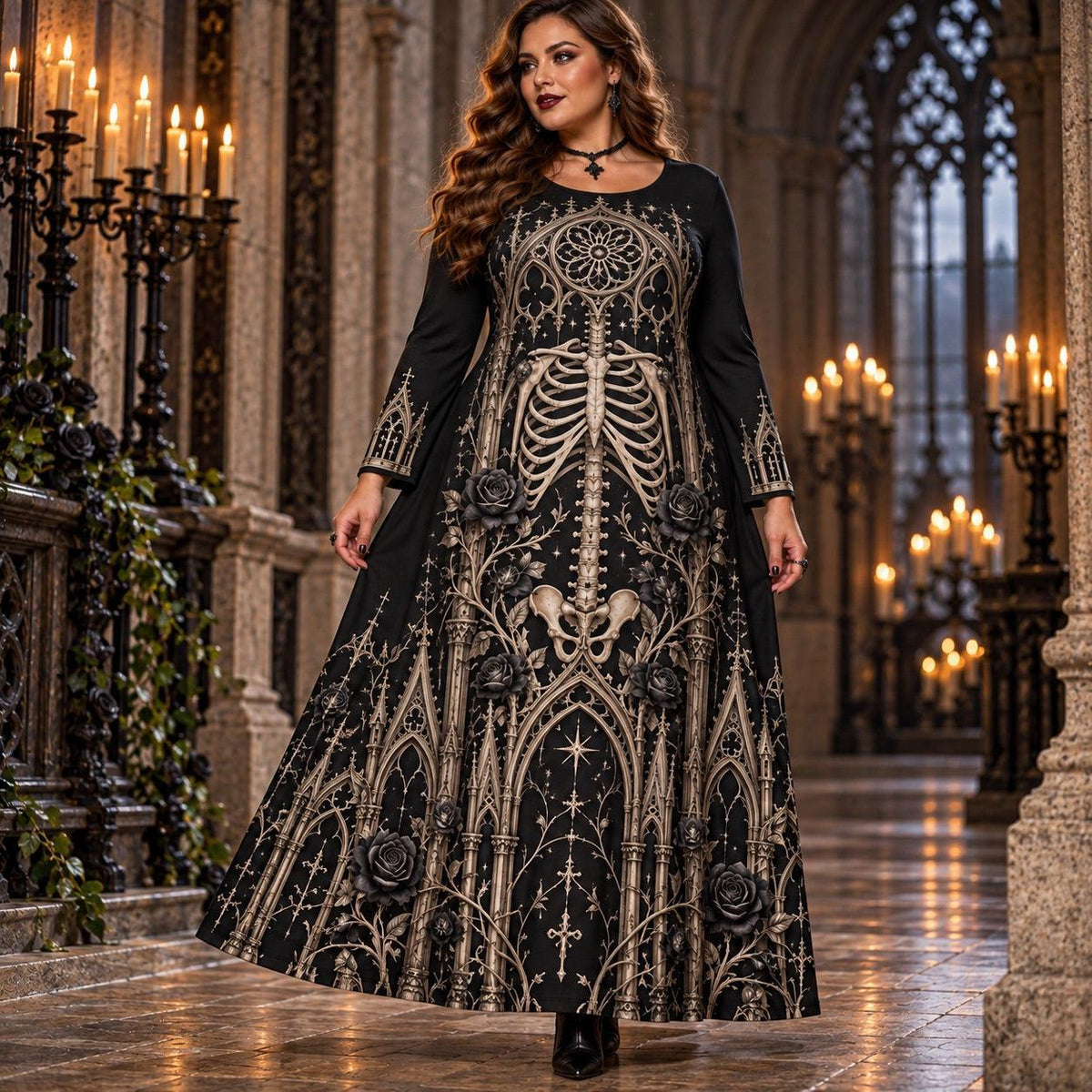 Cathedral Skeleton Plus Size Witch Dress – Gothic Bone Long Sleeve Maxi – worn, three quarter view