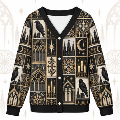 Cathedral Window Raven Gothic Patchwork Cardigan for Women Full Moon, front view