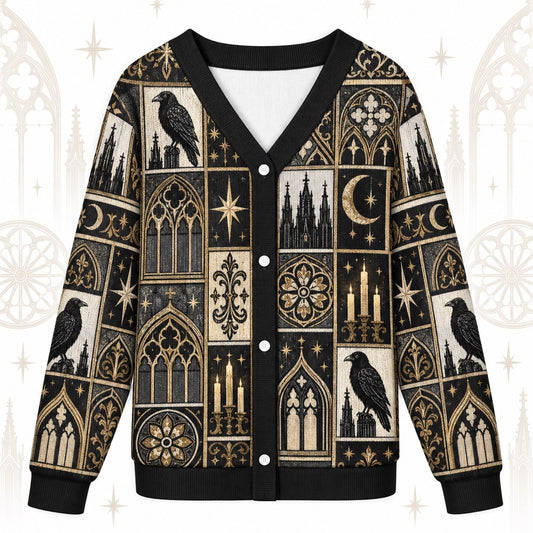 Cathedral Window Raven Gothic Patchwork Cardigan for Women Full Moon, front view
