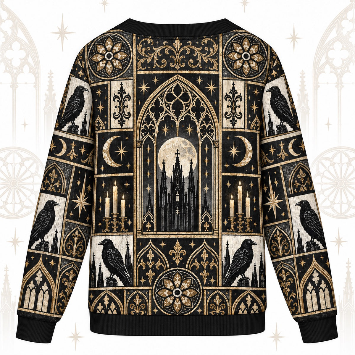 Cathedral Window Raven Gothic Patchwork Cardigan for Women Full Moon, back view