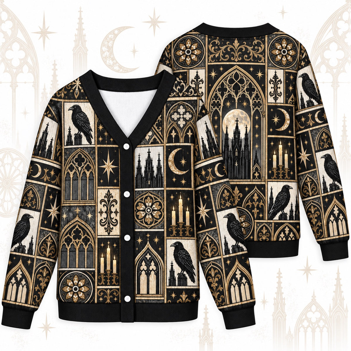 Cathedral Window Raven Gothic Patchwork Cardigan for Women Full Moon, front and back shown together
