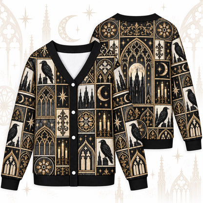 Cathedral Window Raven Gothic Patchwork Cardigan for Women Full Moon, front and back shown together