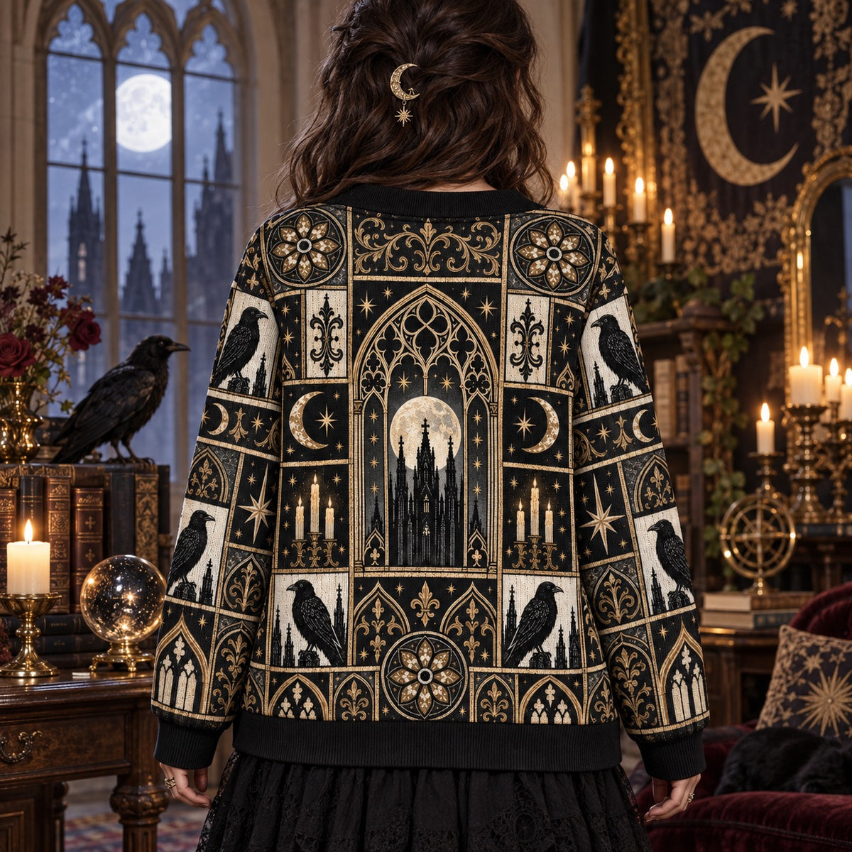 Cathedral Window Raven Gothic Patchwork Cardigan for Women Full Moon, worn, back view