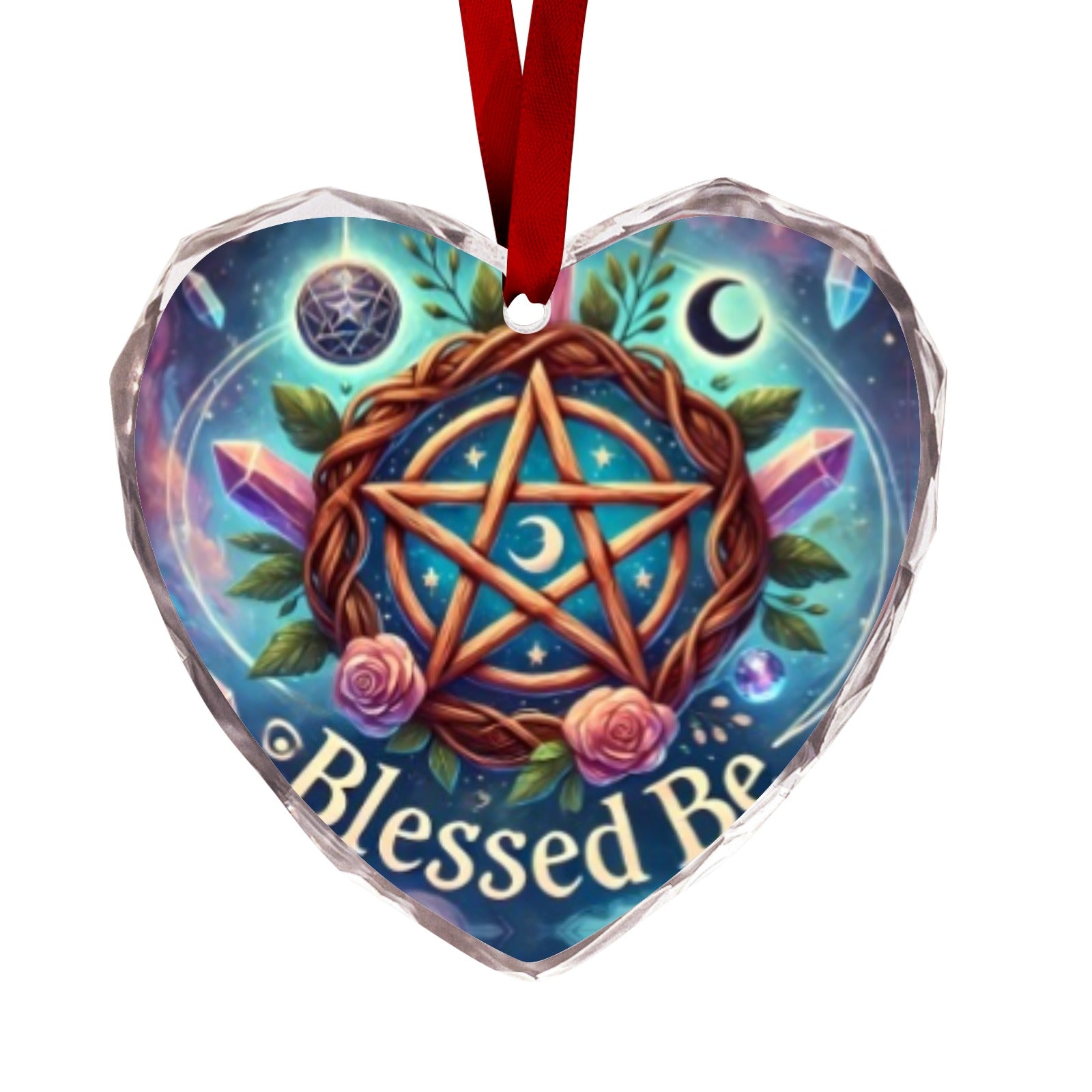 Pagan Yule Pentacle Wicca Christmas Heart-Shaped Crystal Glass Ornament-MoonChildWorld
