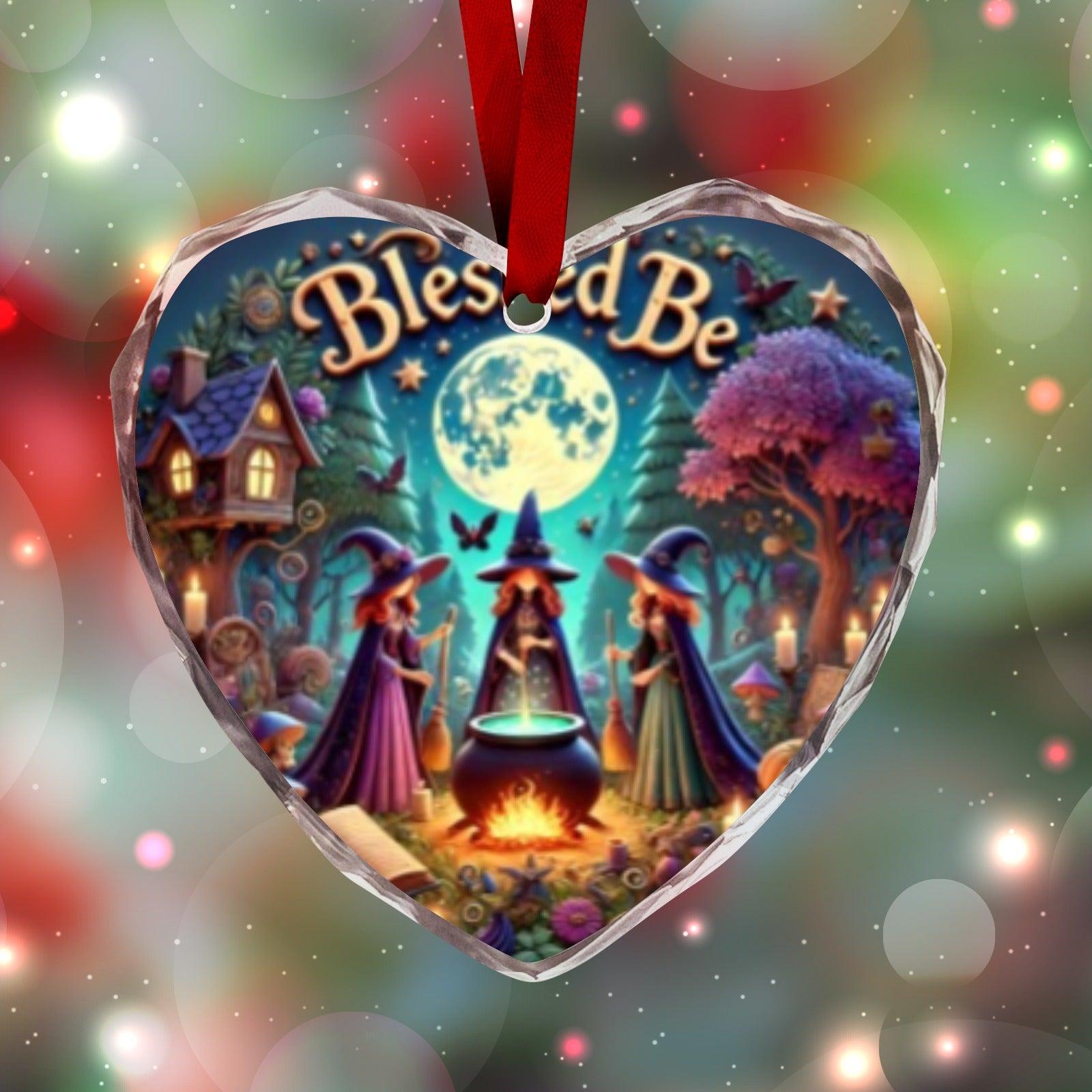 Halloween Moonlit Witch Gothic Christmas Heart-Shaped Crystal Glass Ornament-MoonChildWorld