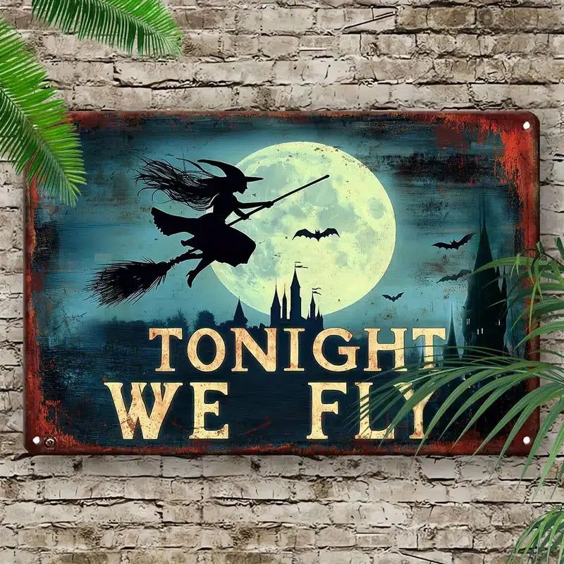 Flying Witch Metal Sign Witchy Wall Decor Gothic Halloween Welcome Sign-MoonChildWorld