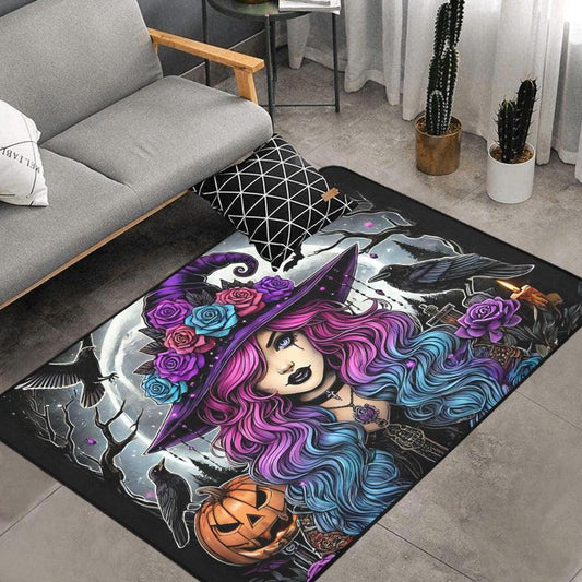 Ravens and Dark Witch Area Rug Gothic Witch Carpet for Halloween