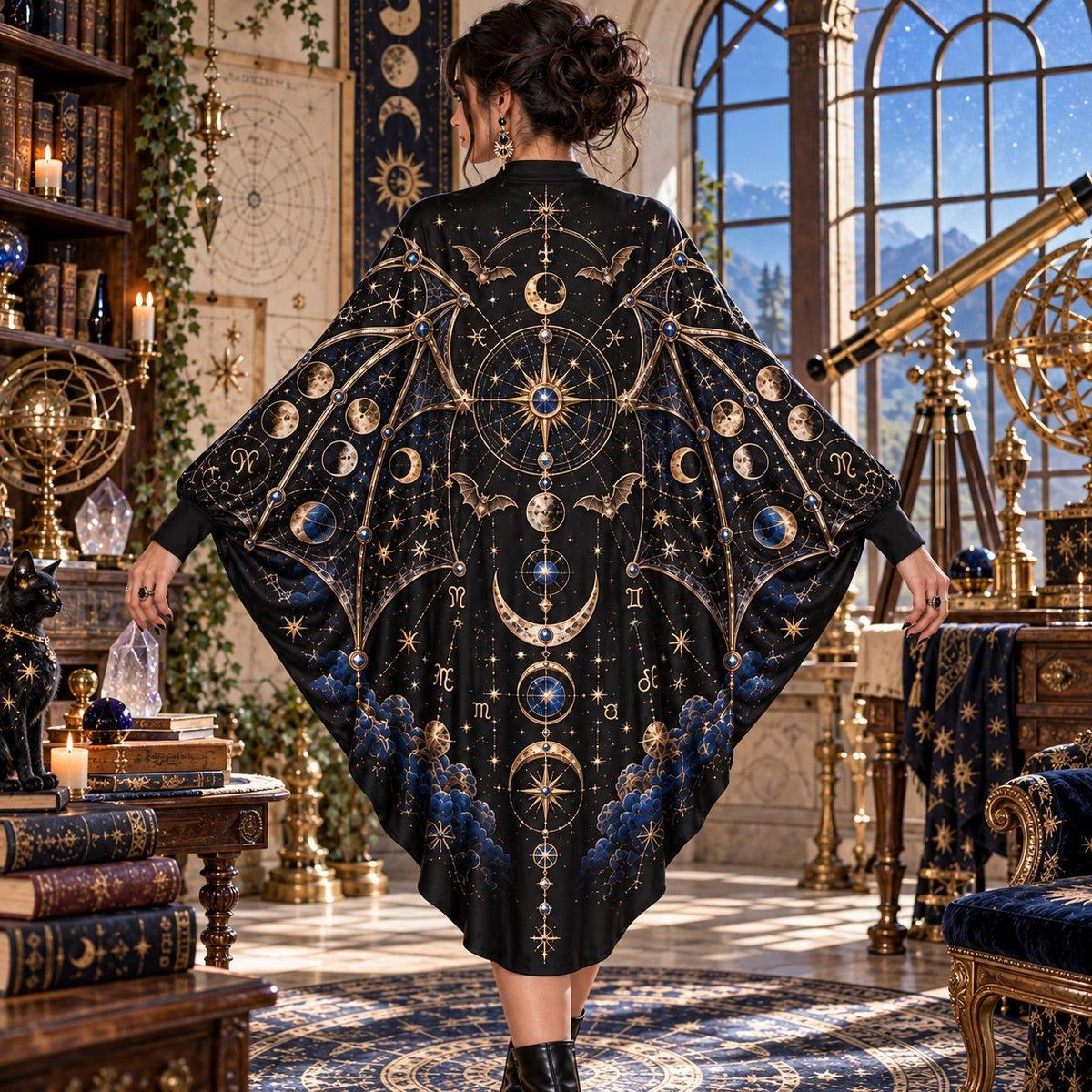 Celestial Bat Star Map Gothic Batwing Dress – Witchy Astrology Midi – worn, back view