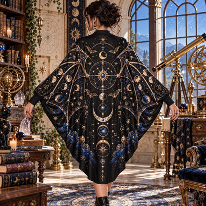 Celestial Bat Star Map Gothic Batwing Dress – Witchy Astrology Midi – worn, back view
