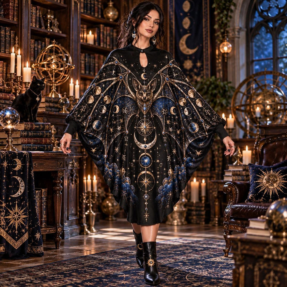 Celestial Bat Star Map Gothic Batwing Dress – Witchy Astrology Midi – worn, in motion