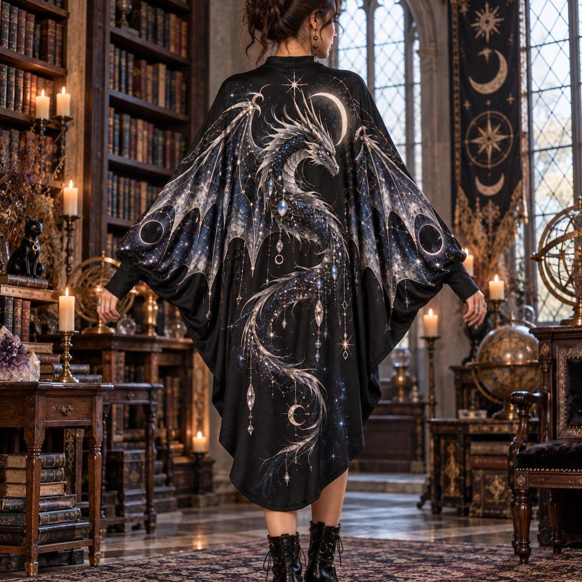 Celestial Dragon Gothic Batwing Dress – Witchy Crescent Moon Midi – worn, back view