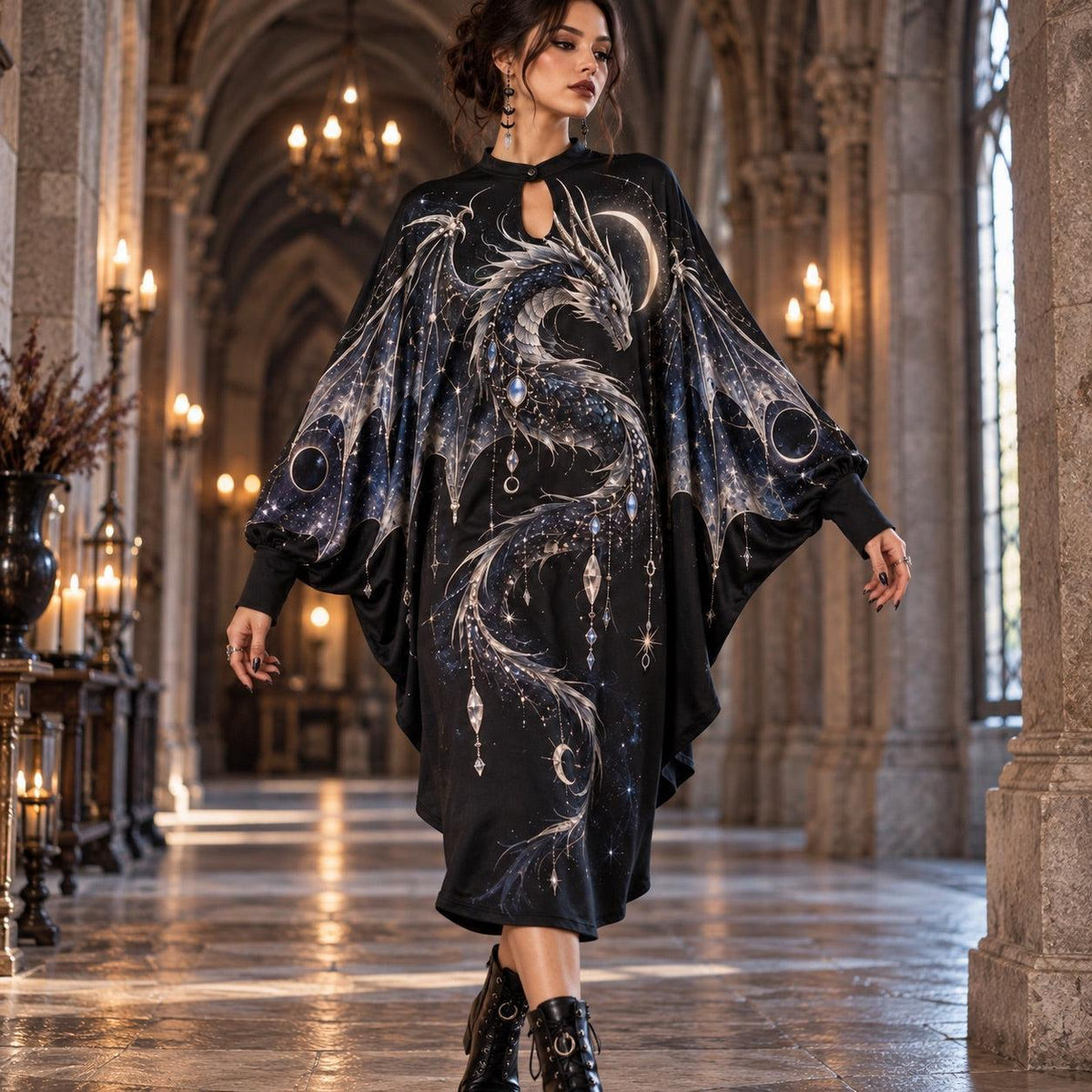 Celestial Dragon Gothic Batwing Dress – Witchy Crescent Moon Midi – worn, in motion