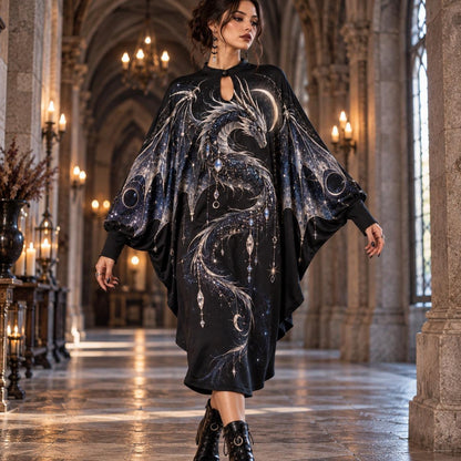 Celestial Dragon Gothic Batwing Dress – Witchy Crescent Moon Midi – worn, in motion