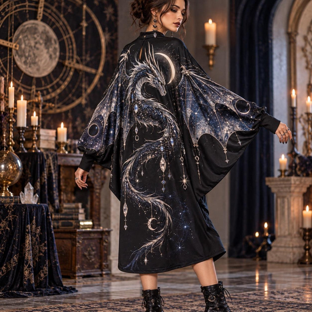 Celestial Dragon Gothic Batwing Dress – Witchy Crescent Moon Midi – worn, three quarter view
