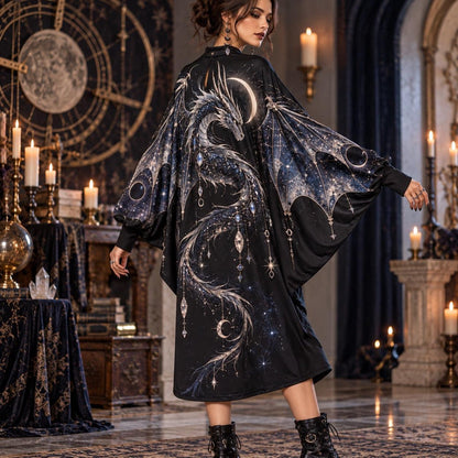 Celestial Dragon Gothic Batwing Dress – Witchy Crescent Moon Midi – worn, three quarter view