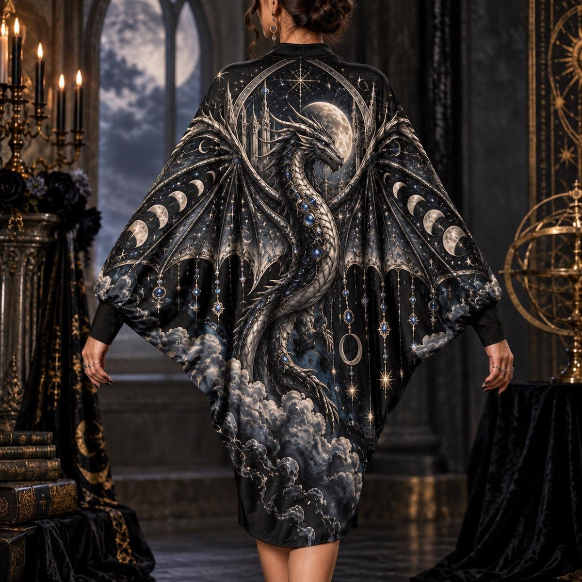 Celestial Dragon Moon Gothic Batwing Dress – Witchy Moon Phase Midi – worn, back view