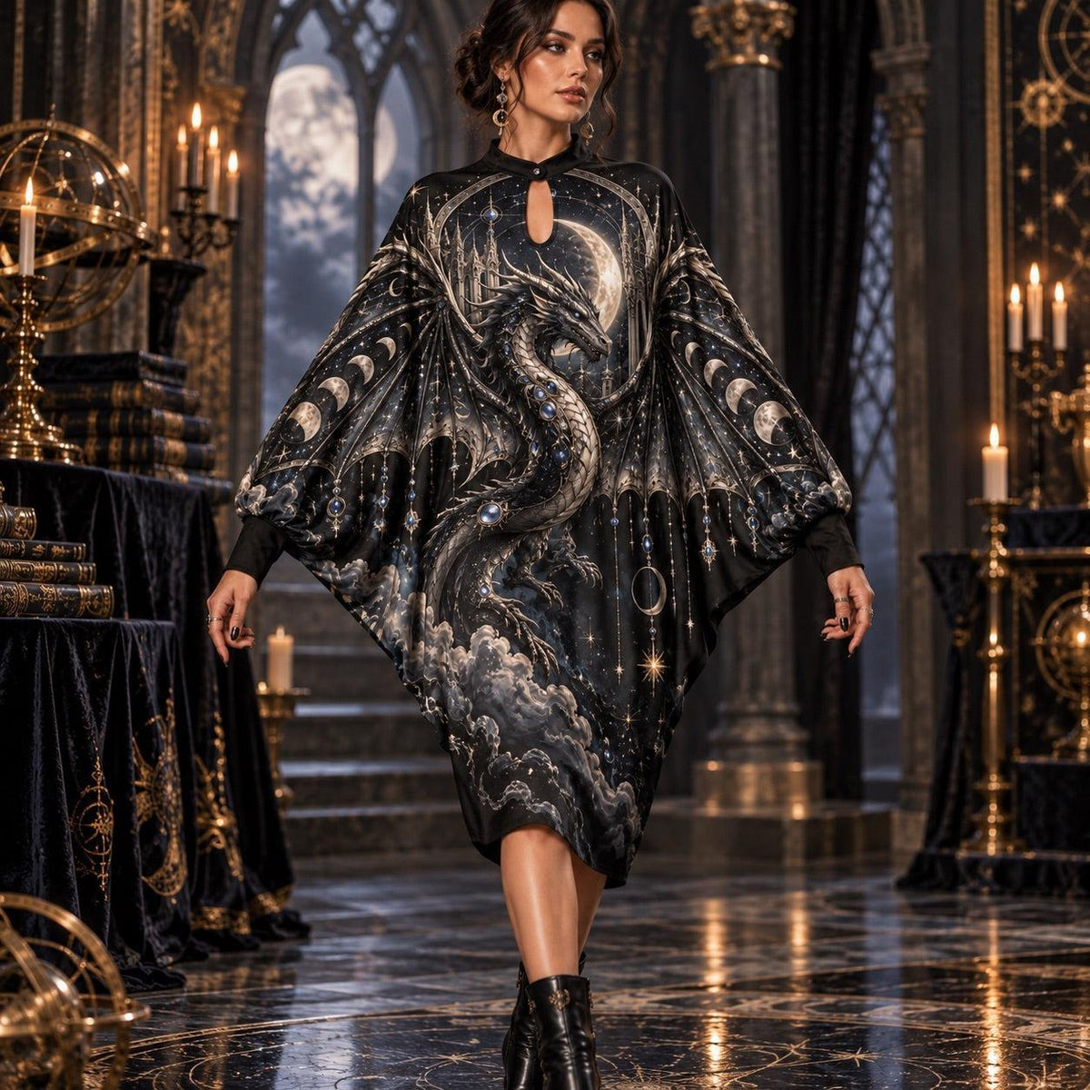 Celestial Dragon Moon Gothic Batwing Dress – Witchy Moon Phase Midi – worn, in motion