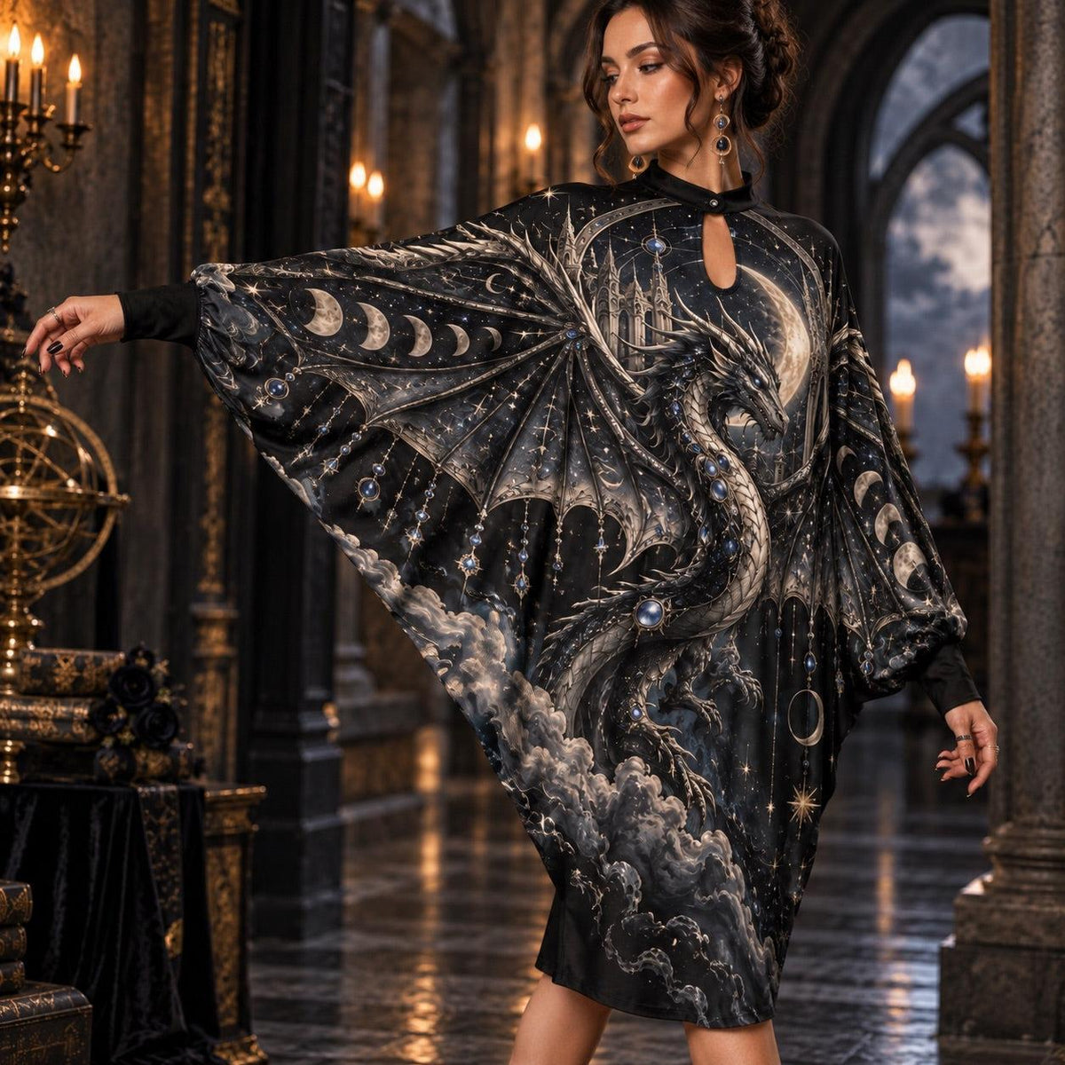 Celestial Dragon Moon Gothic Batwing Dress – Witchy Moon Phase Midi – worn, three quarter view