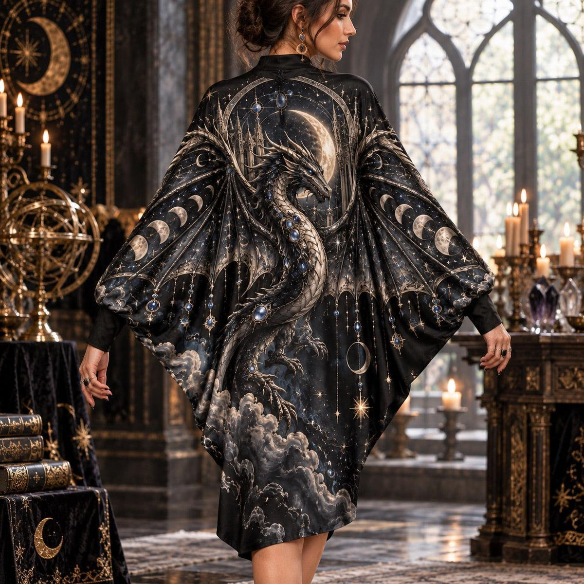 Celestial Dragon Moon Gothic Batwing Dress – Witchy Moon Phase Midi – worn, back view