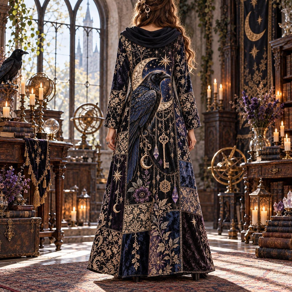 Celestial Raven Reliquary Gothic Cowl Neck Dress – Witchy Patchwork Maxi – worn, back view