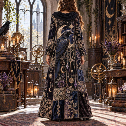 Celestial Raven Reliquary Gothic Cowl Neck Dress – Witchy Patchwork Maxi – worn, back view