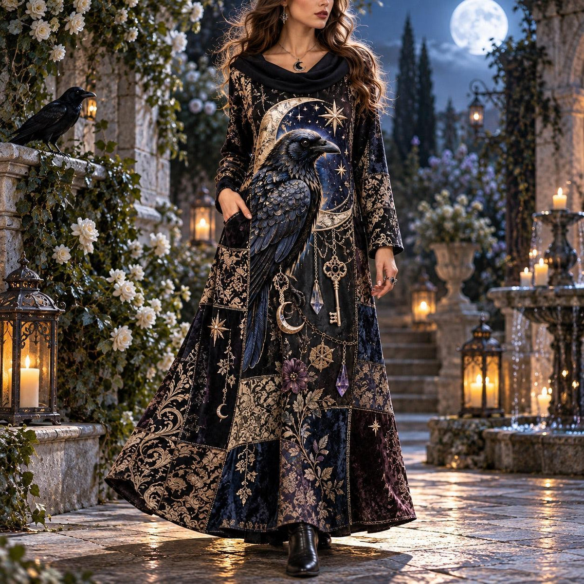 Celestial Raven Reliquary Gothic Cowl Neck Dress – Witchy Patchwork Maxi – worn, in motion
